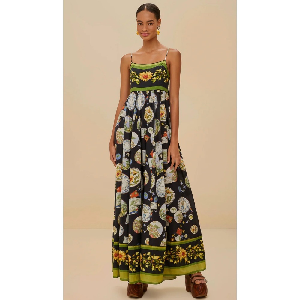 NWT FARM Rio Black Trip Souvenir Maxi Dress Black Large Floral Novelty Print - Picture 1 of 11